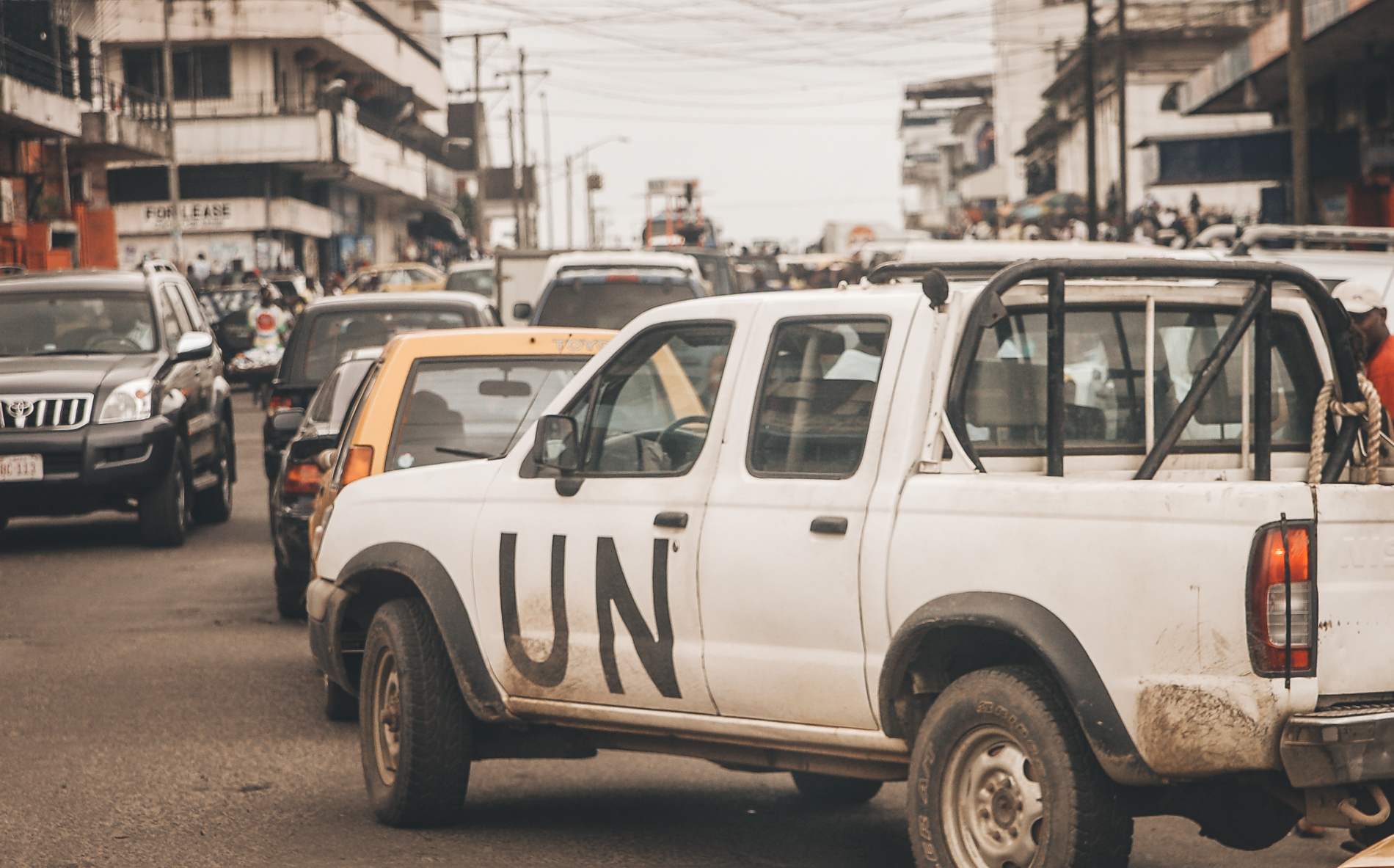 UN vehicle on busy street