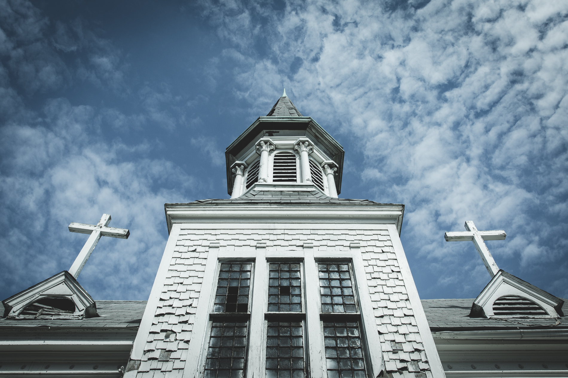 church falling apart sky