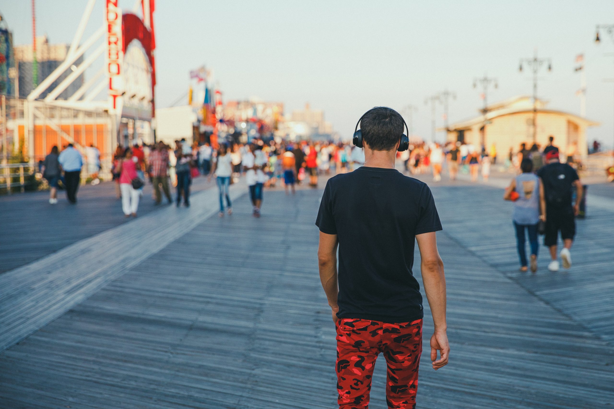 Man walking on boardwalk