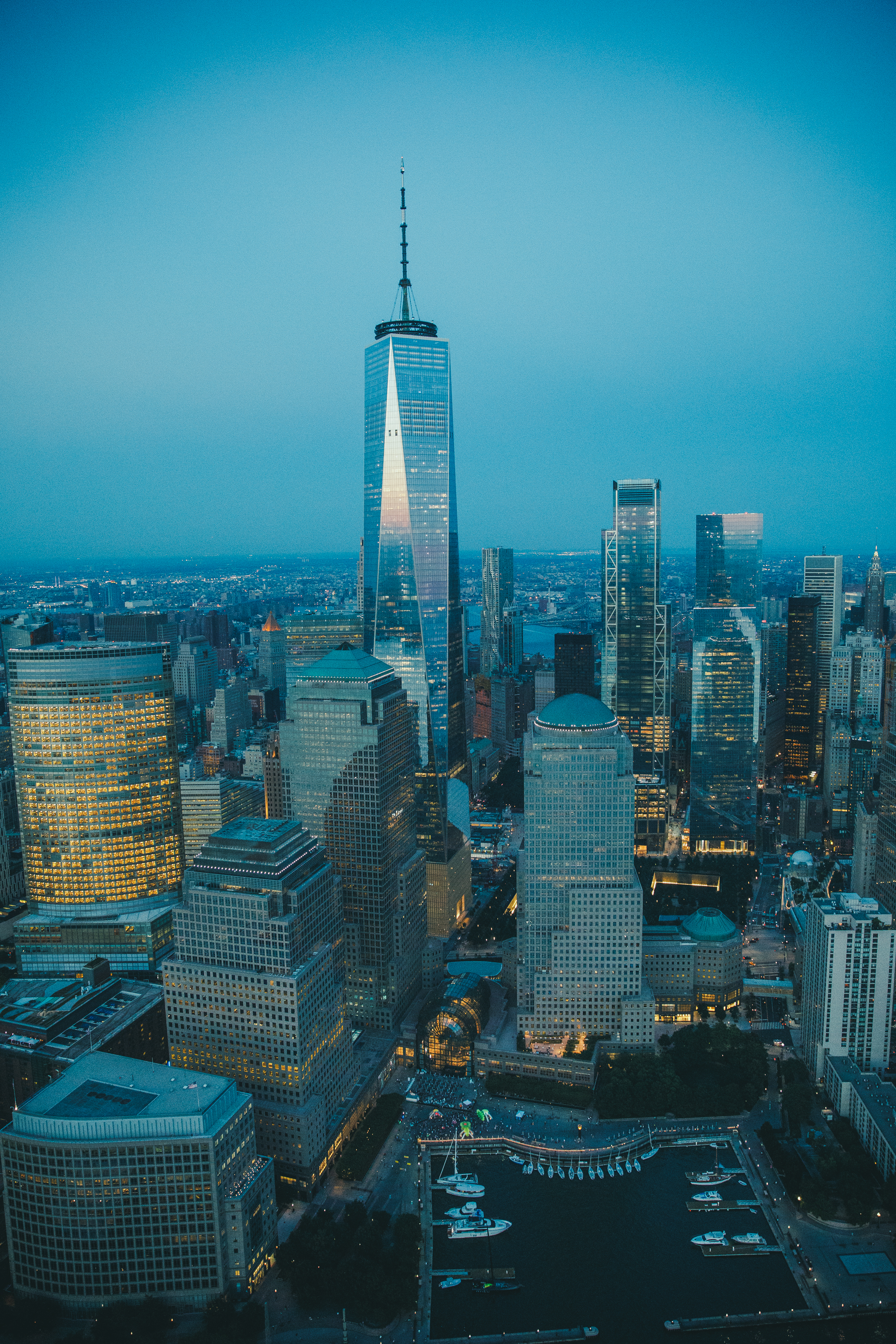 Lit building and city